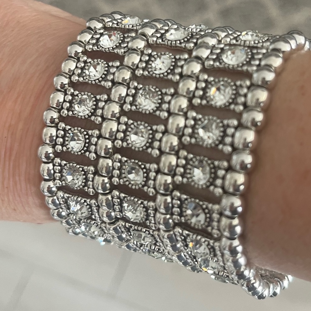 Rhinestone Wide Silver Bangle Bracelet NWT